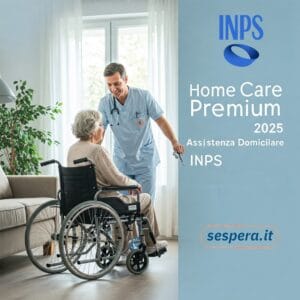 un assistente domiciliare che aiuta una persona anziana in carrozzina un testo sovrapposto con scritto: “Home Care Premium 2025 – Assistenza Domiciliare INPS”.