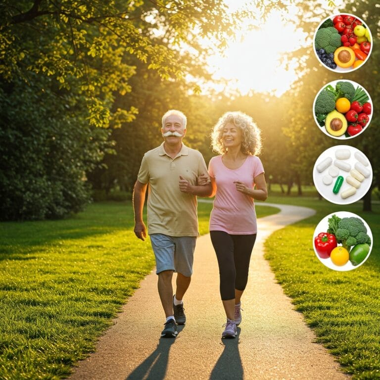 Coppia di anziani attivi fa esercizio al parco, simbolo di benessere over 60 e integrazione corretta.