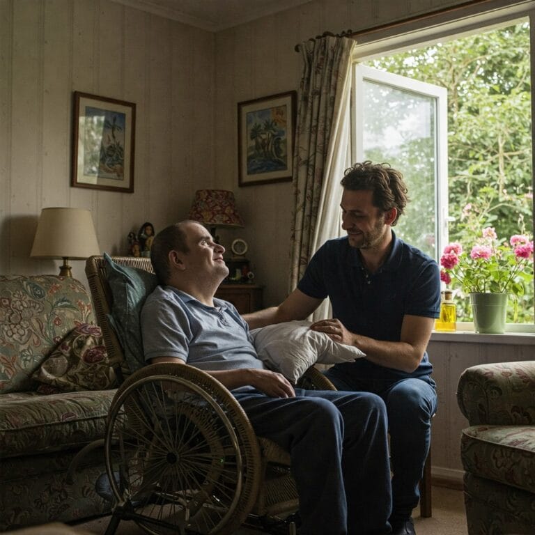 un adulto con grave disabilità su sedia a rotelle assistito da un familiare (caregiver)