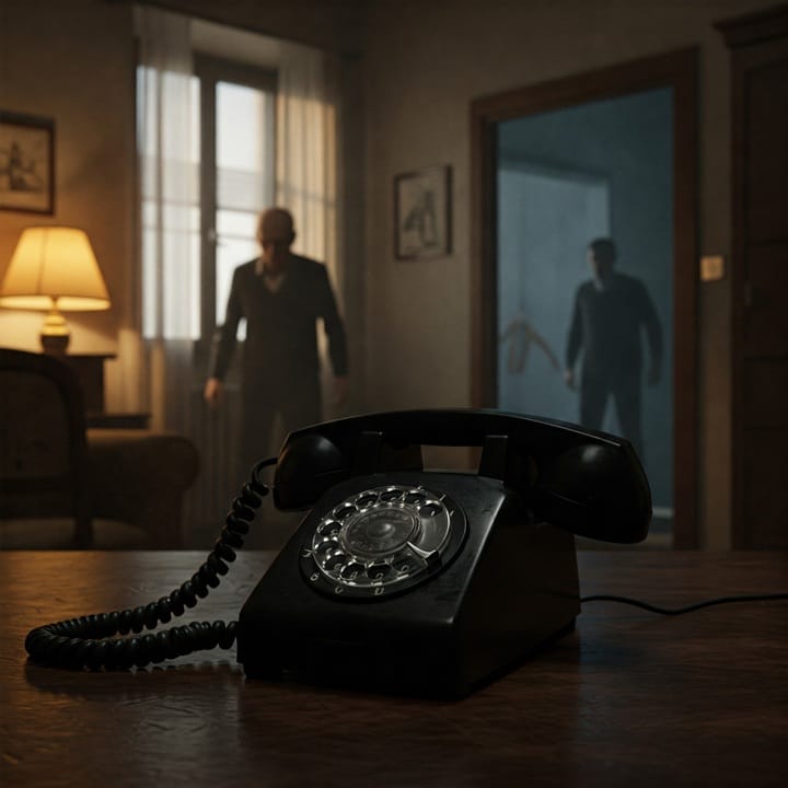 Una stanza buia con un telefono fisso in primo piano che squilla, sullo sfondo l’ombra di un anziano in piedi davanti alla finestra, mentre una figura misteriosa si avvicina alla porta