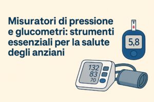 un disegno di un misuratore di pressione da braccio e di un glucometro e una frase con scritto < Misuratori di Pressione e Glucometri: Strumenti Essenziali per la Salute degli Anziani>