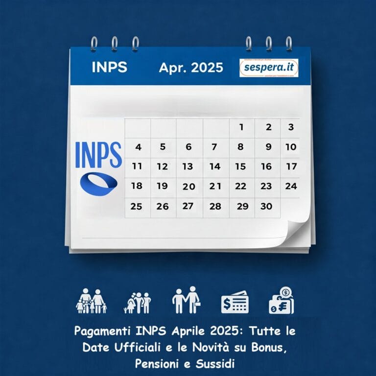 calendario di aprile 2025 in evidenza, icone INPS, famiglia, anziani, busta paga e carta ricaricabile