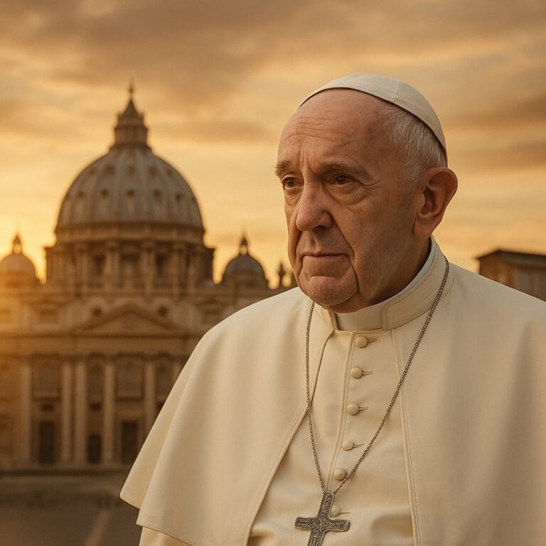 Papa Francesco in abiti semplici, con sfondo della Basilica di San Pietro al tramonto
