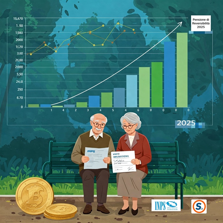 coppia di anziani sereni seduti su una panchina in un parco, con documenti e simboli di pensione. Sullo sfondo, un grafico con percentuali e fasce di reddito, che rappresenta i nuovi limiti della pensione di reversibilità.
