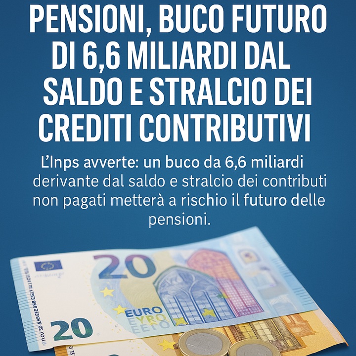 euro che svaniscono e scritta 'Saldo e Stralcio: buco da 6,6 miliardi'. Toni seri, con sfondo blu istituzionale e dettagli in rosso.”