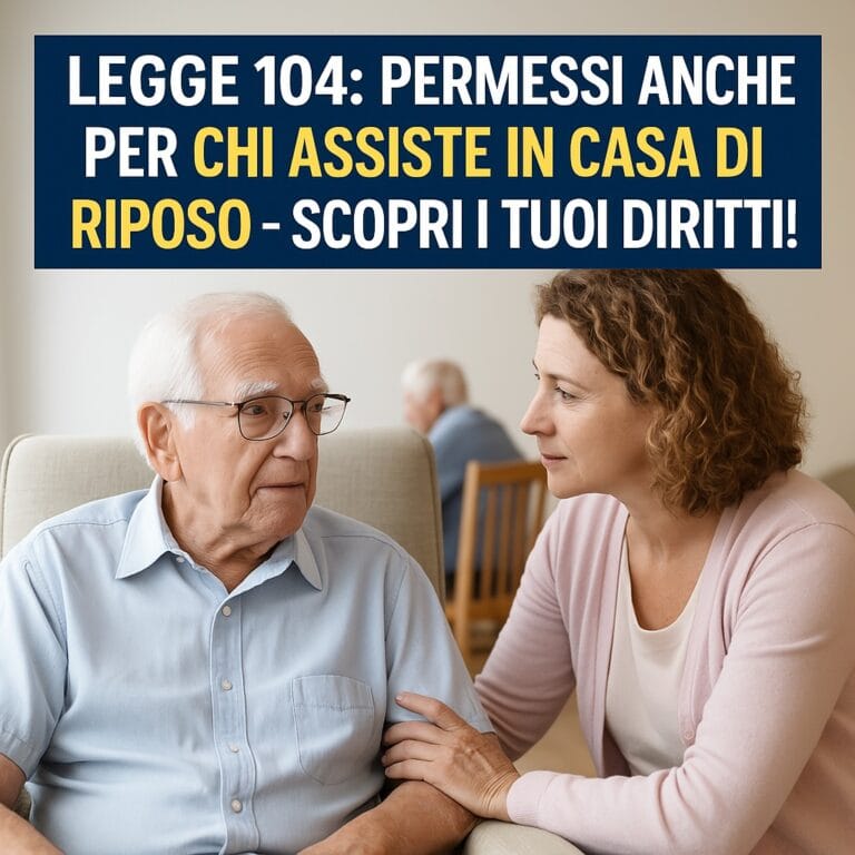 Una persona anziana in una casa di riposo, con un familiare accanto che la assiste, con il testo: "Legge 104: Permessi anche per chi assiste in casa di riposo – Scopri i tuoi diritti!"