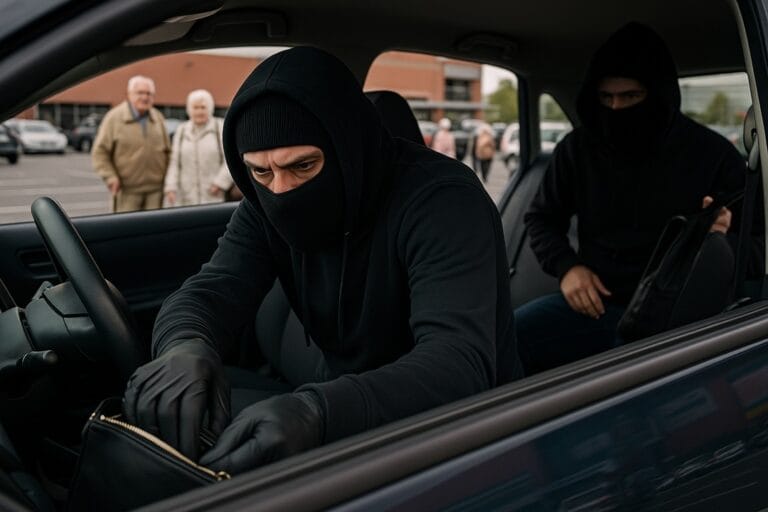 2 ladri che rubano all'interno di un auto parcheggiata in un centro commerciale; sullo sofondo una coppia di anziani che sono i proprietari dell'auto