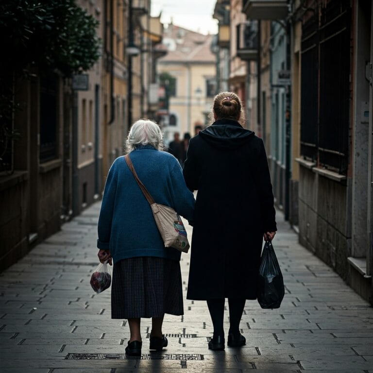 un'anziana di spalle con sacchetti della spesa, accompagnata da una donna sconosciuta, in una via residenziale.