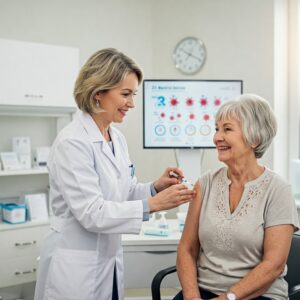 Un medico che somministra una dose di vaccino a una persona anziana sorridente