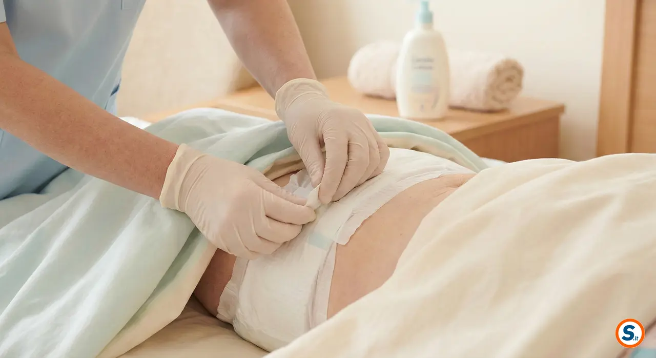 Mani di caregiver con guanti chiudono pannolone per anziani a letto.