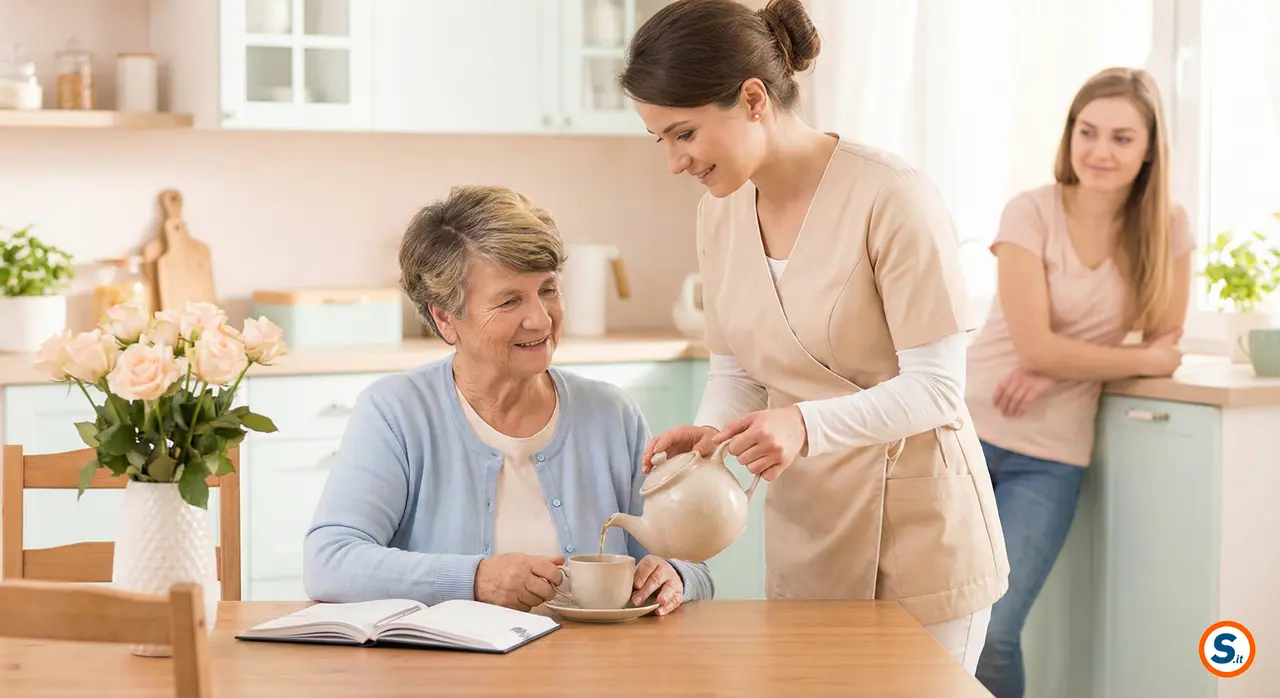 Badante sorridente assiste anziana in cucina sotto lo sguardo sereno della figlia.