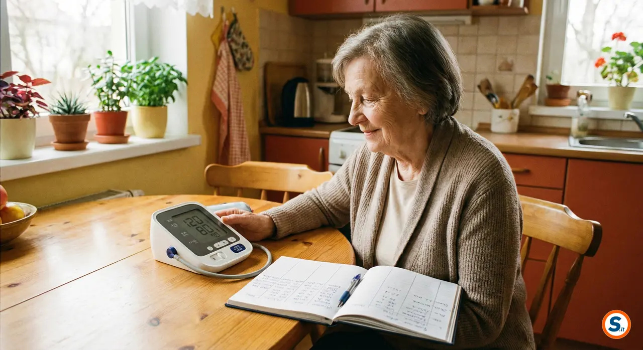 Anziana misura la pressione a casa e annota i valori su un diario.