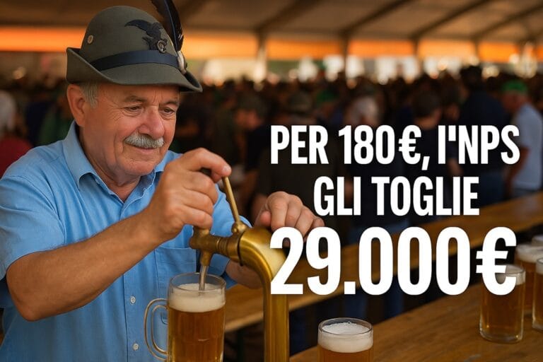 Un uomo anziano con il cappello alpino mentre spilla birra sorridendo, sullo sfondo una folla festosa. In sovrimpressione una scritta d’impatto: “Per 180€, l’INPS gli toglie 29.000€”