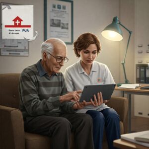 anziano seduto con un assistente sociale che gli mostra un tablet