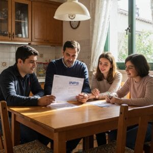Famiglia italiana seduta a tavola che leggono un documento INPS, atmosfera positiva e rassicurante, ambiente domestico curato, luce naturale, stile realistico.