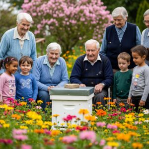 Una fotografia che ritrae anziani e bambini insieme, osservando un'arnia installata nel giardino dell'RSA Smeralda, con api in volo e fiori colorati sullo sfondo.