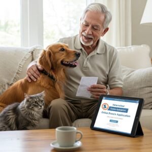 Anziano sorridente accarezza un cane e un gatto seduto sul divano di casa, con una ricevuta veterinaria in mano e un tablet aperto con la pagina della domanda online del bonus