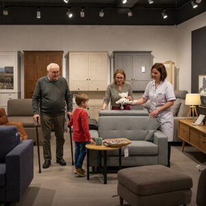 Una famiglia composta da un anziano con bastone, una donna caregiver e un bambino che scelgono mobili in un ambiente accogliente e moderno, atmosfera luminosa, stile realistico e rassicurante.