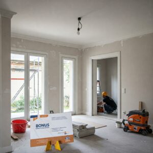 Interno casa in ristrutturazione, con operai e anziani osservando i lavori, elementi domestici moderni e un cartello "Bonus ristrutturazione 2025". Stile rassicurante, realistico, luce naturale, ambiente pulito e accogliente.