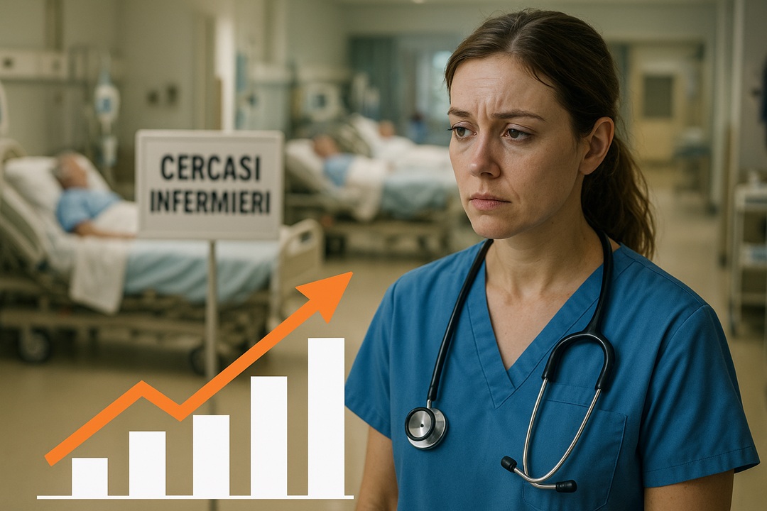 Un’infermiera con lo sguardo stanco ma determinato in corsia, sullo sfondo un reparto con letti occupati e un cartello “Cercasi infermieri”. In basso, un grafico stilizzato che mostra la crescita della domanda.