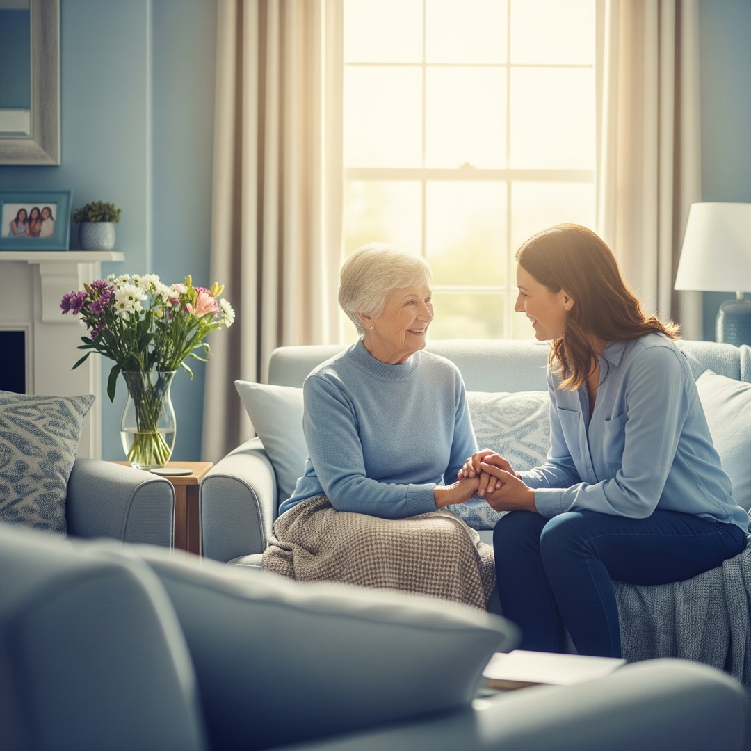 anziana sorridente seduto accanto a un familiare, in un ambiente domestico luminoso e accogliente
