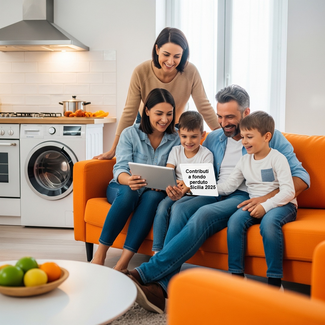 Una famiglia siciliana sorride mentre riceve una comunicazione di approvazione per un bonus, con elettrodomestici e mobili nuovi in secondo piano.