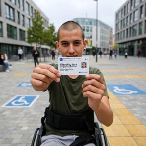 Una persona con disabilità mostra la sua Disability Card in un contesto urbano, con sfondo di edifici pubblici e simboli di accessibilità.