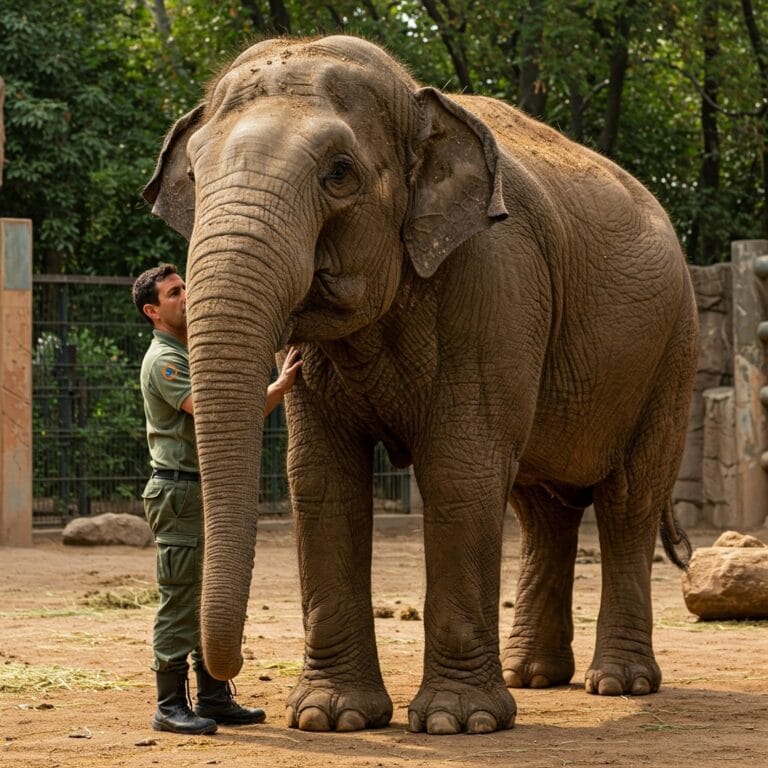 un elefante anziano nello Zoo di Barcellona mentre riceve cure da un guardiano