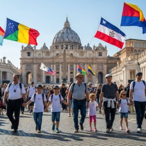 Famiglie multigenerazionali in pellegrinaggio davanti alla Basilica di San Pietro, con bambini e anziani mano nella mano, bandiere colorate e atmosfera di festa religiosa.