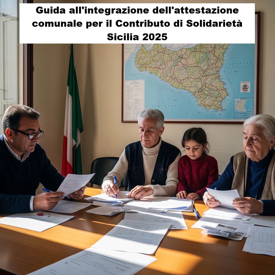 Una famiglia anziana siciliana riceve assistenza sociale in un ufficio comunale, con sfondo della mappa della Sicilia e documenti sul tavolo
