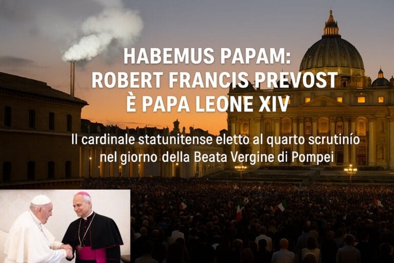 la fumata bianca che esce dal camino della Cappella Sistina, con la folla in Piazza San Pietro in festa. In un riquadro Papa Rrancesco che stringe la mano a Papa Leone XIV
