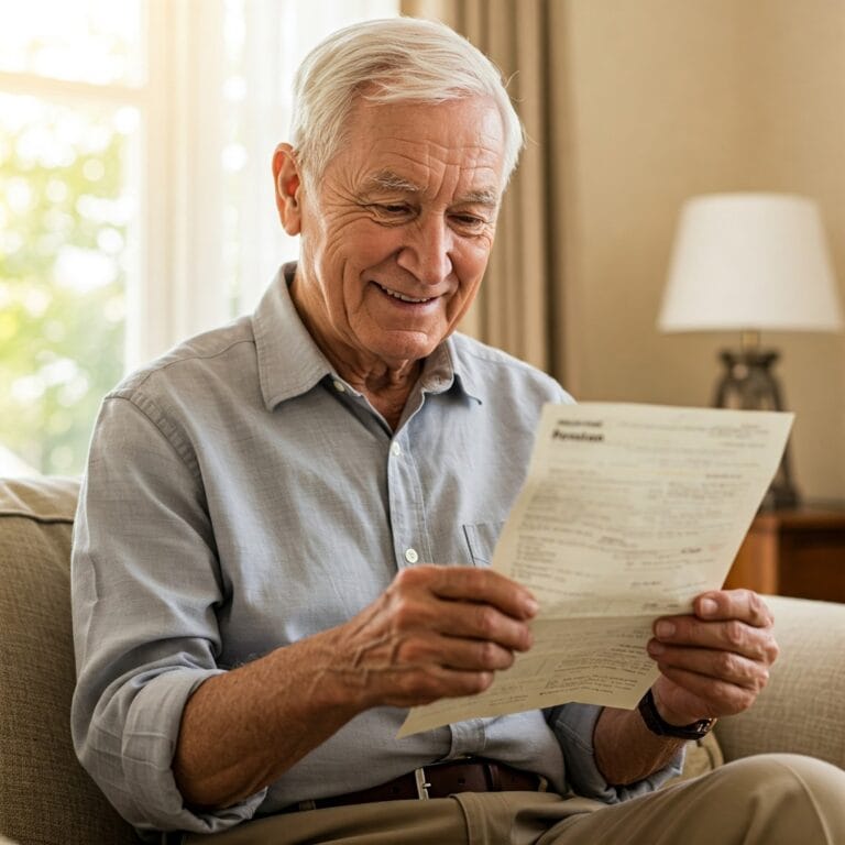 pensionato sorridente mentre consulta il suo cedolino pensionistico