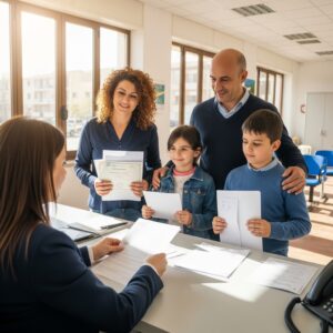 amiglia siciliana che riceve assistenza presso un ufficio comunale, con documenti in mano