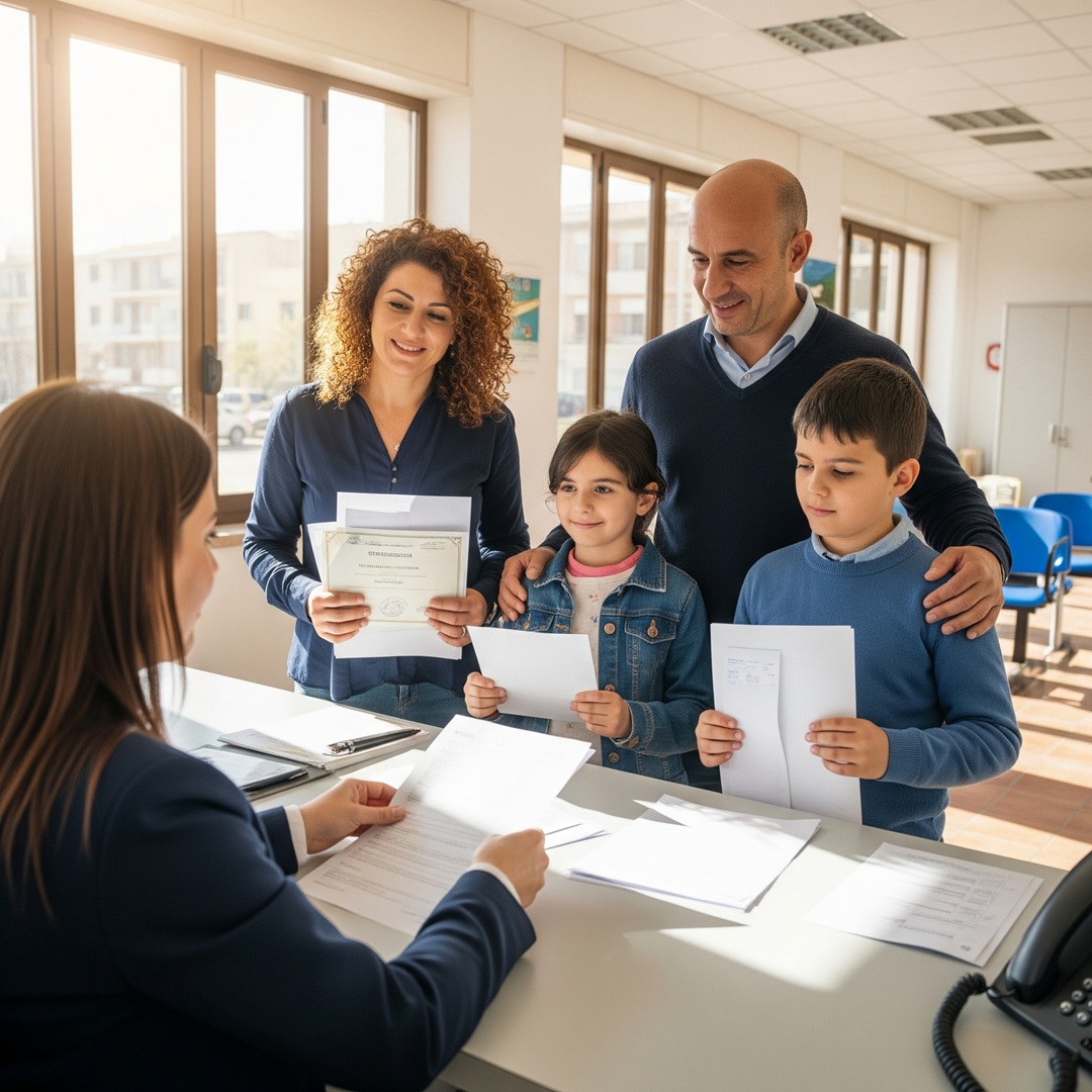 amiglia siciliana che riceve assistenza presso un ufficio comunale, con documenti in mano