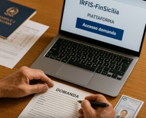 Una scrivania con documenti, carta d’identità, computer aperto sulla piattaforma IRFIS-FinSicilia, in primo piano mani di una disoccupata siciliana che compila una domanda