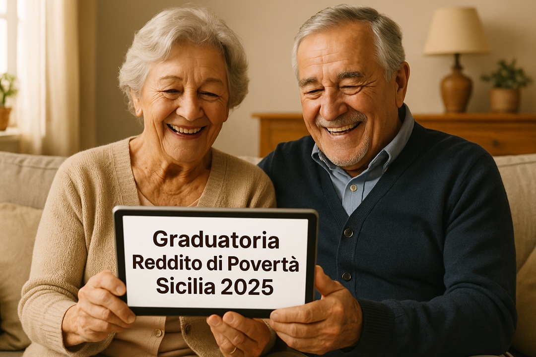 Un’anziana donna e un uomo anziano seduti su un divano con un tablet in mano, sorridenti, mentre guardano un tablet con la scritta “Graduatoria Reddito di Povertà Sicilia 2025”