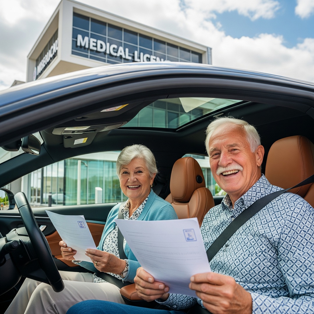 Un uomo e una donna over 65 sorridenti seduti in un'auto moderna, con documenti alla mano, davanti a un centro medico per il rinnovo della patente.