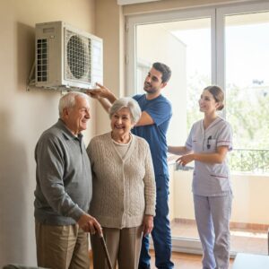 Una coppia di anziani con un caregiver che osservano un tecnico installare un condizionatore in una casa moderna, luce naturale, atmosfera serena, estate italiana. Stile realistico e rassicurante.
