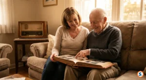Caregiver e genitore anziano seduti comodamente sul divano sfogliano sorridendo un album di fotografie in un'atmosfera calda e familiare.
