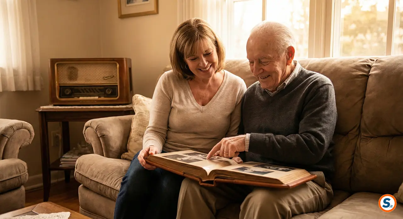 Caregiver e genitore anziano seduti comodamente sul divano sfogliano sorridendo un album di fotografie in un'atmosfera calda e familiare.