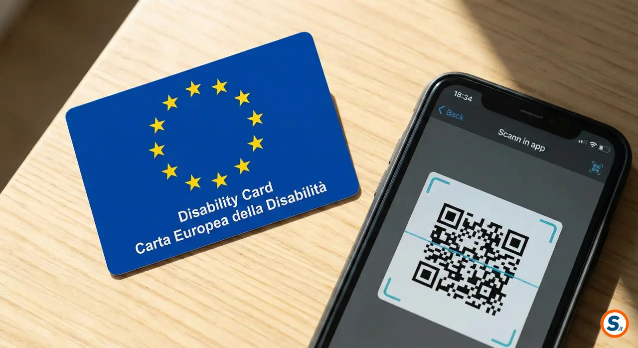 Disability Card europea ufficiale con QR code e logo dell'Unione Europea.