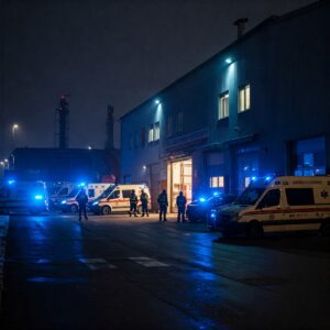 esterno di un capannone logistico di notte, con lampeggianti blu dei soccorsi, atmosfera drammatica ma composta. Presenza di carabinieri e ambulanze.