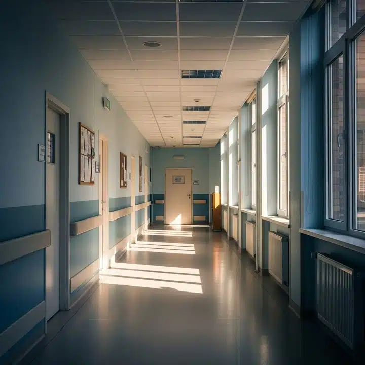 Interno ospedale sobrio e silenzioso, corridoio vuoto con luce naturale, atmosfera triste e rispettosa