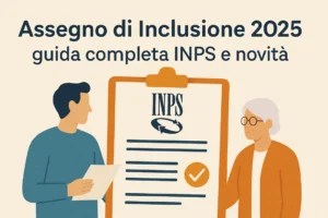 Banner informativo in italiano con il titolo “Assegno di Inclusione 2025” su sfondo chiaro, accompagnato da icone rappresentative di famiglia, aiuto economico e documentazione digitale.