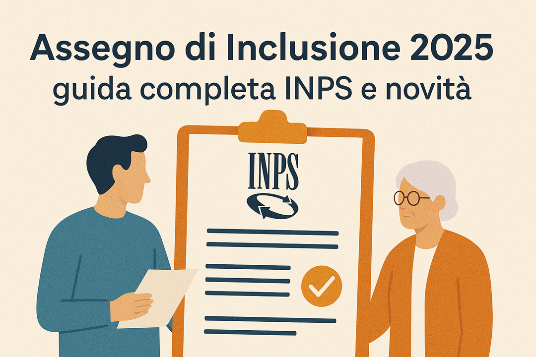 Banner informativo in italiano con il titolo “Assegno di Inclusione 2025” su sfondo chiaro, accompagnato da icone rappresentative di famiglia, aiuto economico e documentazione digitale.