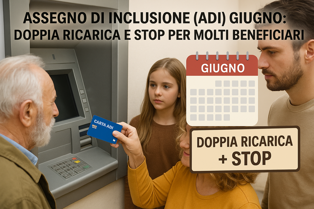 Famiglia che usa la Carta ADI al bancomat con calendario e cartello “Giugno: doppia ricarica + stop”