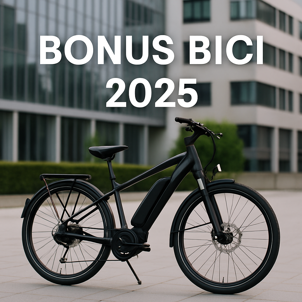 bicicletta elettrica parcheggiata davanti a uno sfondo urbano pulito, con testo “Bonus Bici 2025” sovrapposto.