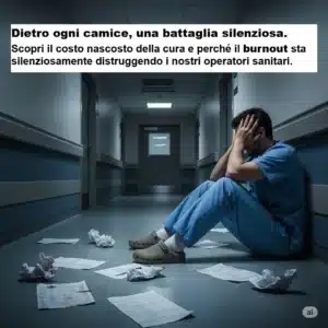 Infermiere esausto seduto in un corridoio d’ospedale semi-illuminato, mani sul viso, atmosfera stanca e silenziosa, cartelle cliniche sparse a terra. in risalto la frase: Dietro ogni camice, una battaglia silenziosa. Scopri il costo nascosto della cura e perché il burnout sta silenziosamente distruggendo i nostri operatori sanitari