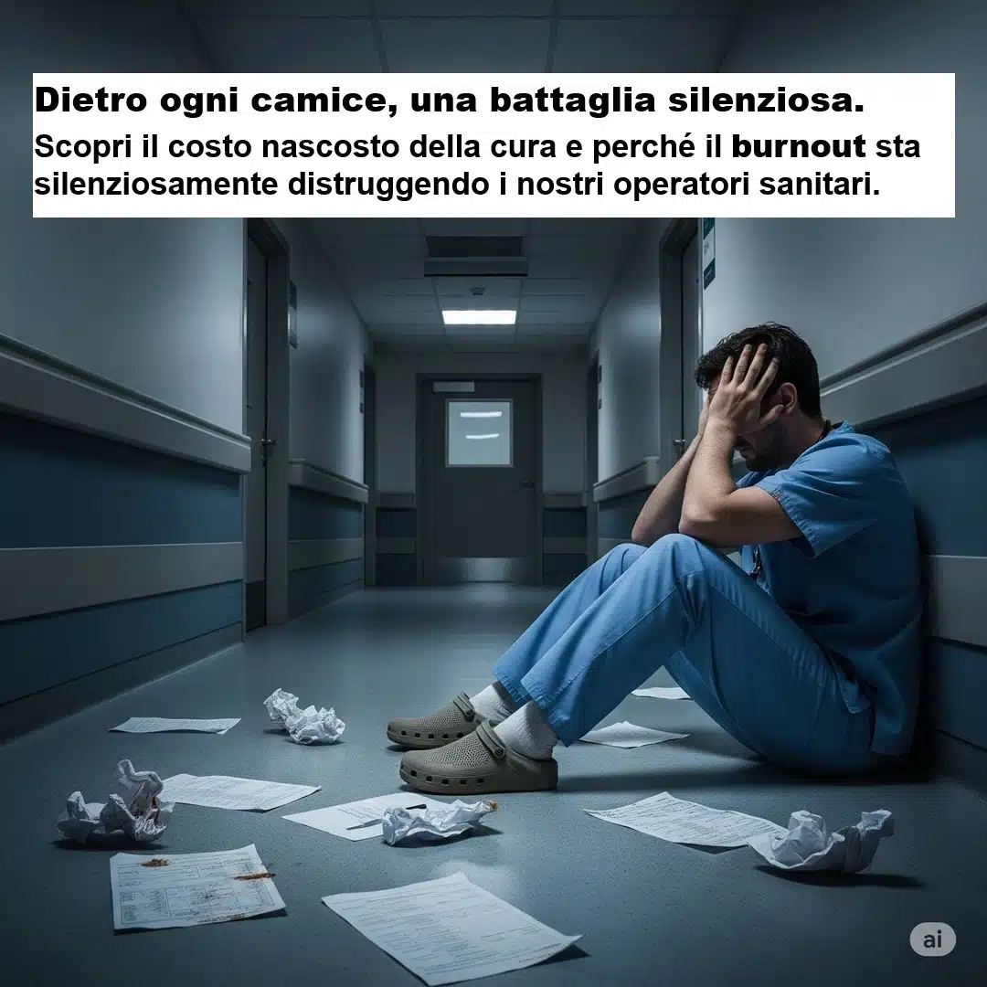 Infermiere esausto seduto in un corridoio d’ospedale semi-illuminato, mani sul viso, atmosfera stanca e silenziosa, cartelle cliniche sparse a terra. in risalto la frase: Dietro ogni camice, una battaglia silenziosa. Scopri il costo nascosto della cura e perché il burnout sta silenziosamente distruggendo i nostri operatori sanitari