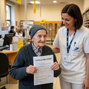 Carta di Inclusione in mano a un anziano e un caregiver, ambientazione sportello Poste, clima positivo